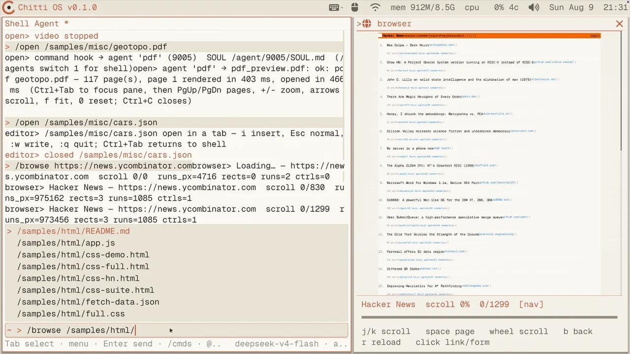 ChittiOS running: the shell pane beside a browser pane rendering a live web page